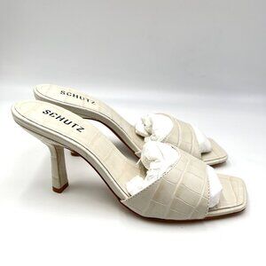 Schutz Womens 8.5 Posseni Cream‎ Bone Croc Leather Square Toe Heels Mules Shoes